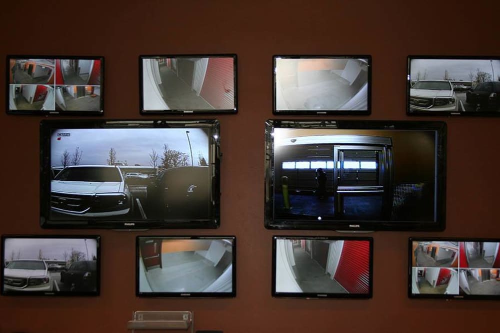 Security monitor wall at South Waterfront Heated Storage in Portland, Oregon