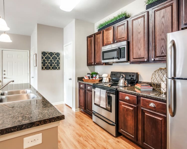Fully equipped kitchen at Riverside Villas in Fort Worth, Texas