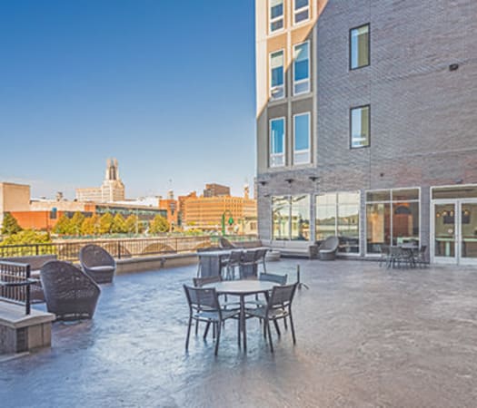 Apartments building near the river at The Nathaniel in Rochester, New York