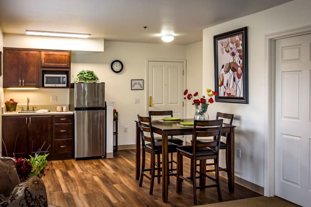 Senior apartment kitchen at Evergreen Senior Living in Eugene, Oregon.