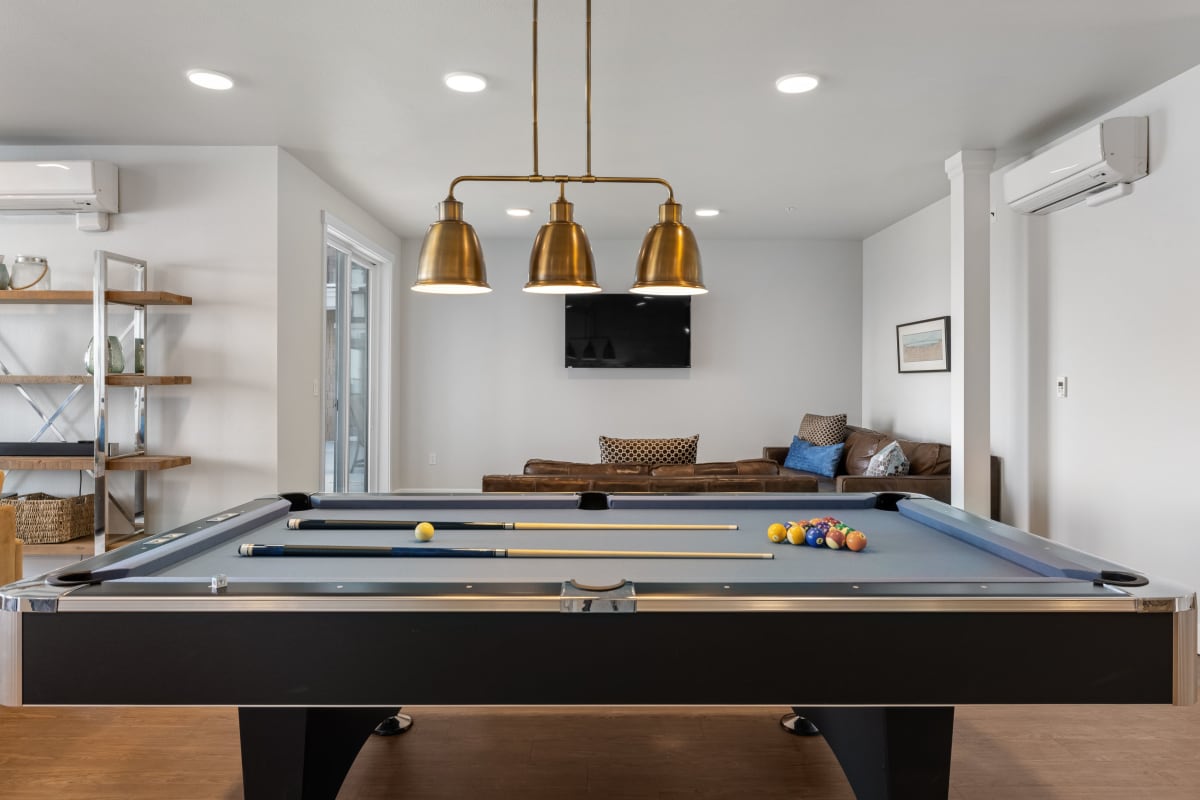 Clubroom with billiards at Copperline at Point Ruston in Tacoma, Washington