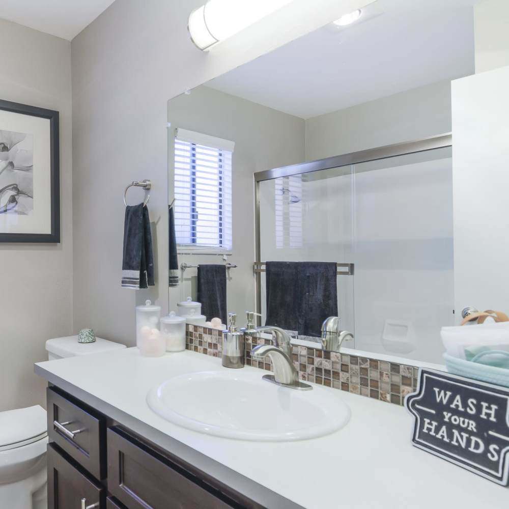 Bathroom vanity sink at Woodchase Apartments in San Leandro, California