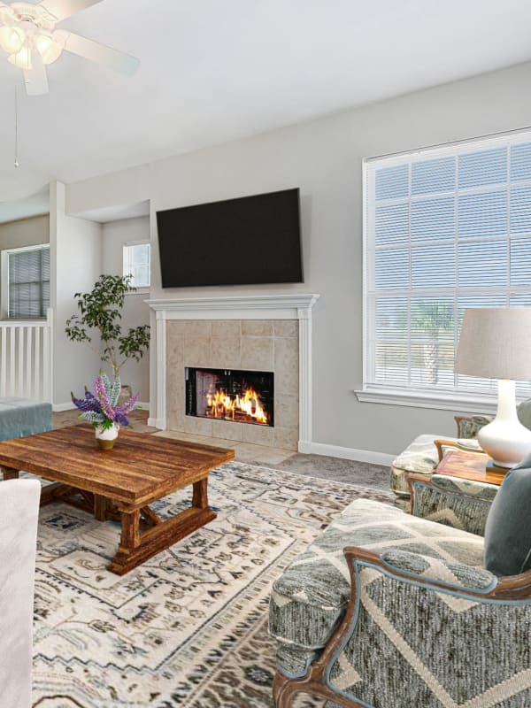 Living room with fireplace and tv at Chateau Des Lions Apartment Homes