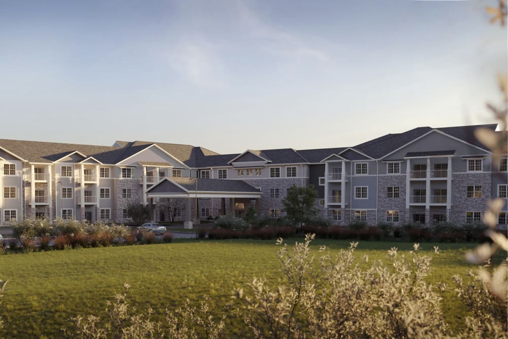 Exterior view of The Princeton Senior Living with signage in Lee's Summit, Missouri