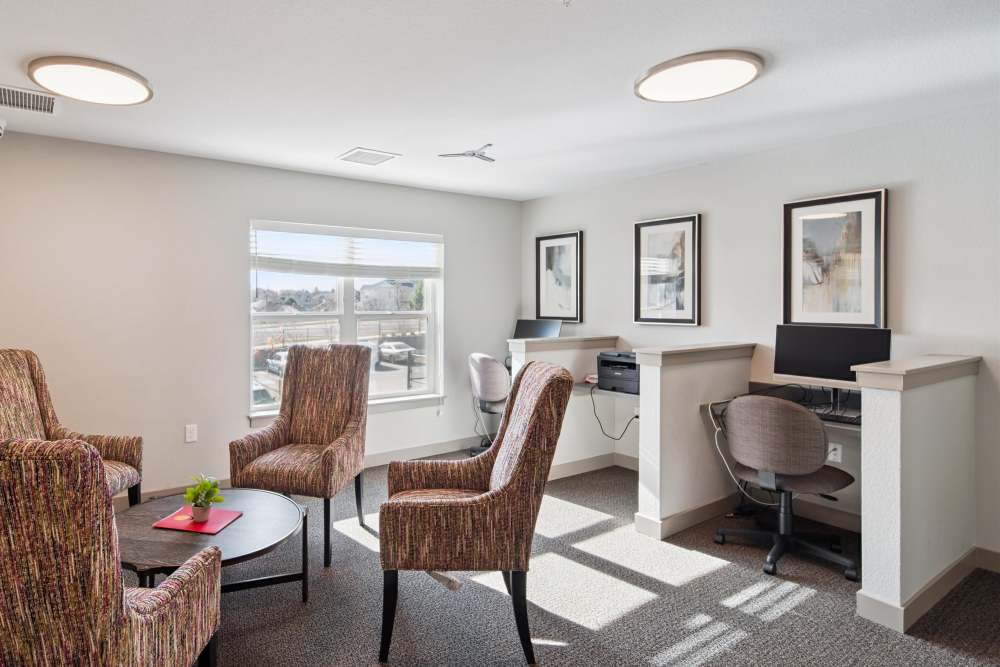 Business center with computers at Villas At Mesa Ridge in Fountain,Colorado