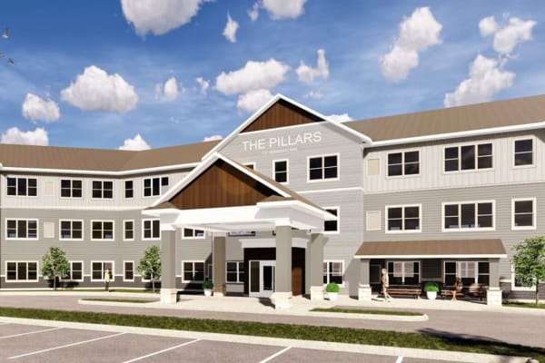 Exterior rendering of main entrance at The Pillars of Hermantown in Hermantown, Minnesota