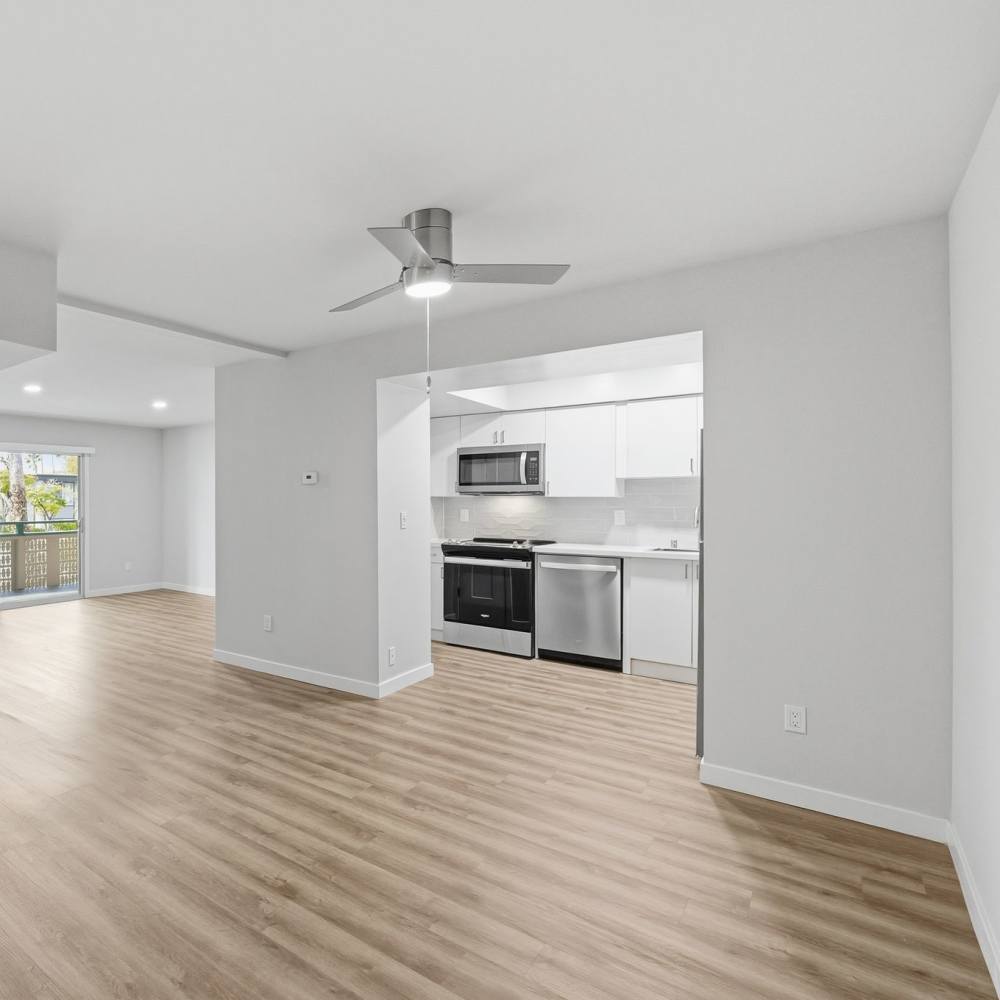 Living room and kitchen at Fayette Arms Apartments in Mountain View, California, 