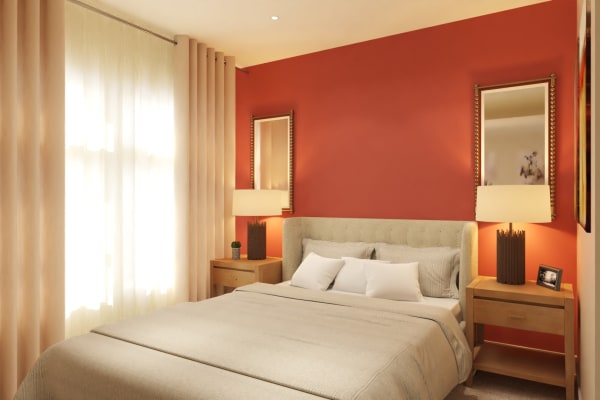 An apartment bedroom at The Alexander in Bend, Oregon