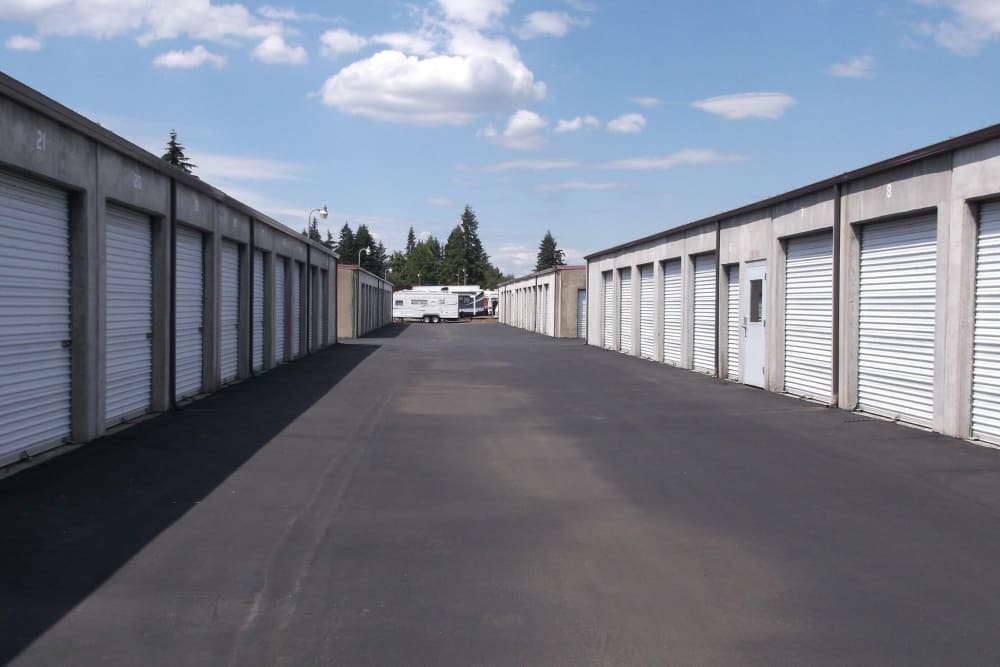 Wide driveway between storage units at I-205 Mini Storage in Vancouver, Washington
