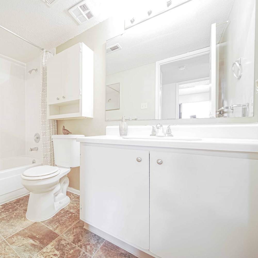 Bathroom with vanity unit at Village Green Apartments in Chesterfield, Missouri