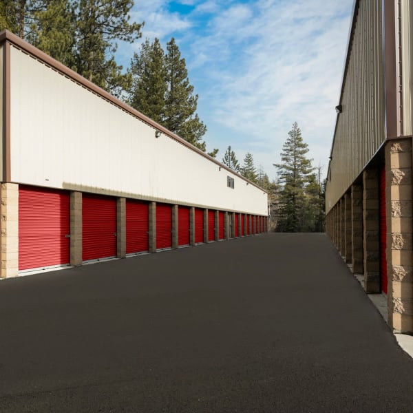 Outdoor drive-up storage units at StorQuest Express Self Service Storage in Tahoe Vista, California