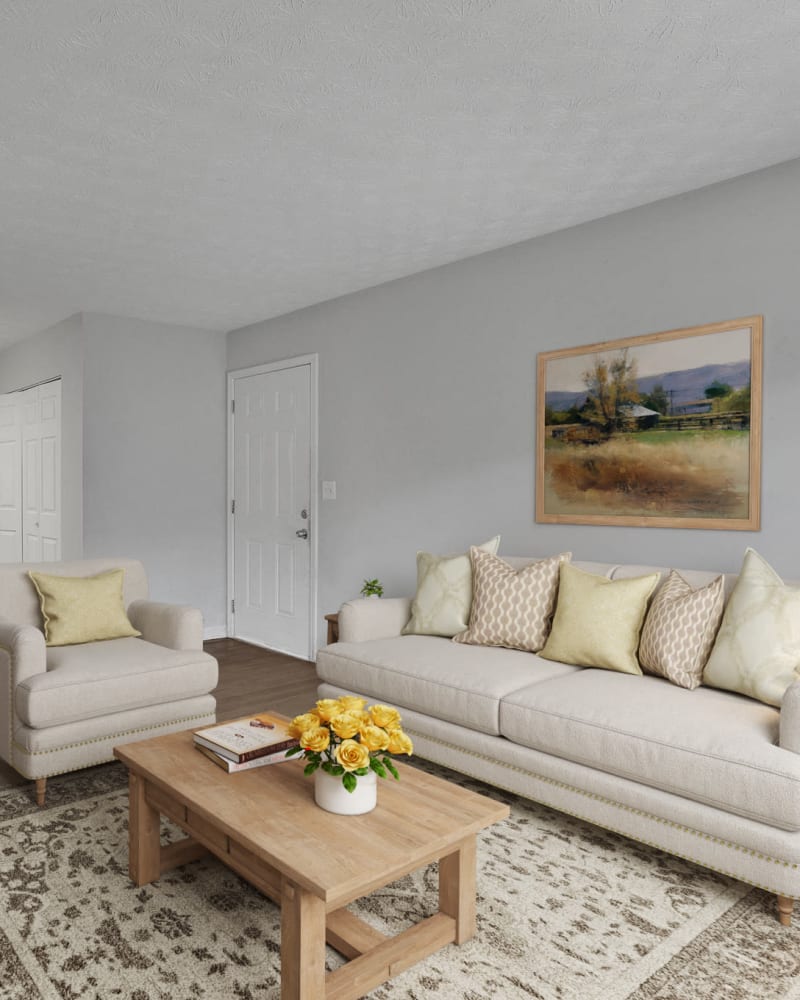 A welcoming, furnished apartment living room at Residence at Riverside in Austell, Georgia