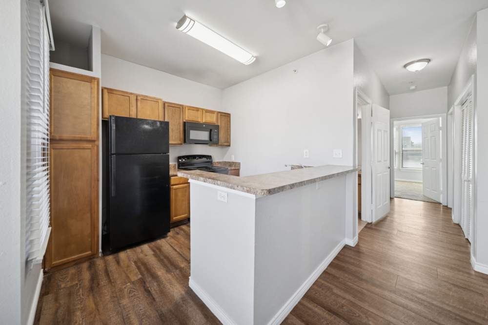 Modern kitchen with black appliances and raised counter top at Village at Carlsbad in Carlsbad, New Mexico