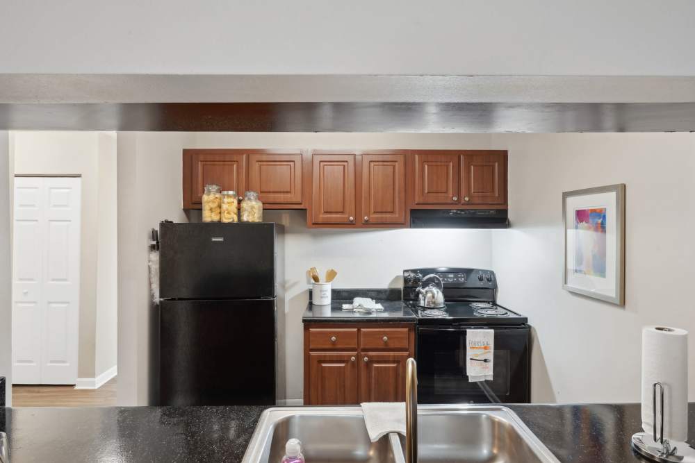 Modern kitchen with dark cabinets at Lake Forest in Daytona Beach, Florida