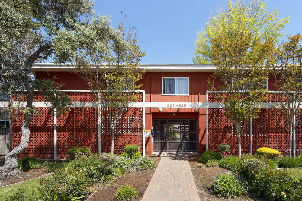 Exterior of apartments showing gated community at Garden Court Apartments in Alameda, California