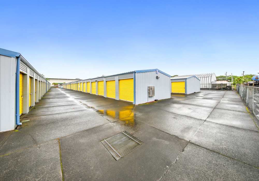 Rows of self storage units for rent at BuxBear Storage Kea'au in Kea'au, Hawaii