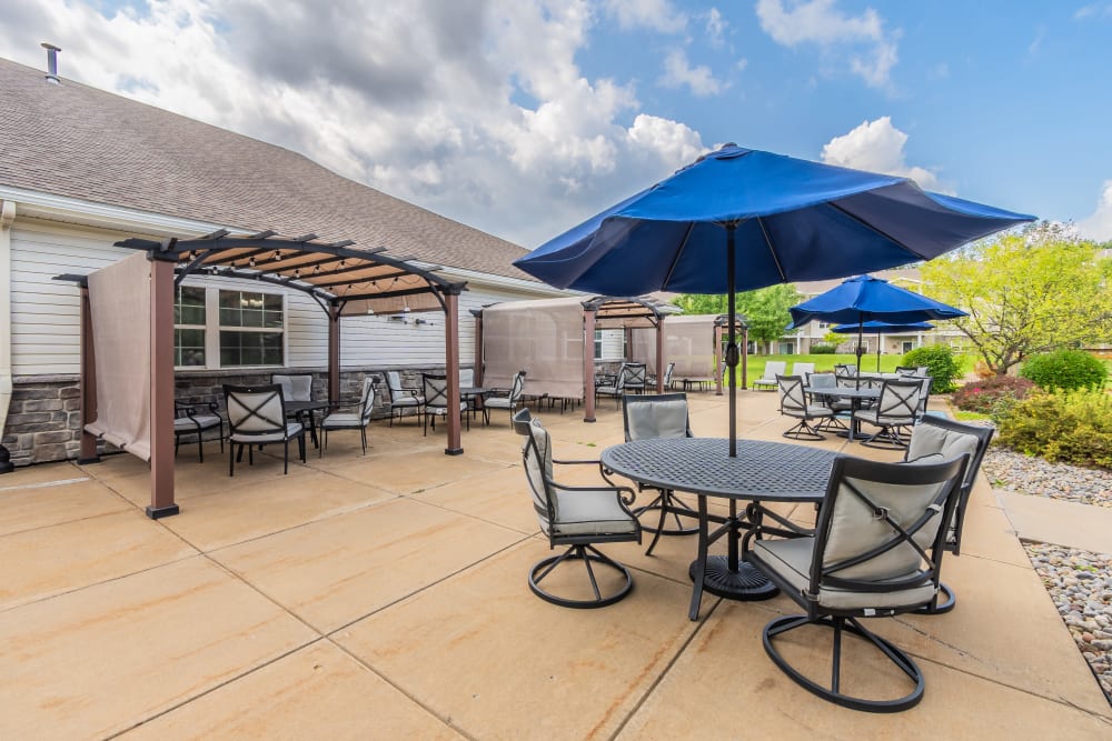 Patio with furniture at Schuyler Commons in Utica, New York.