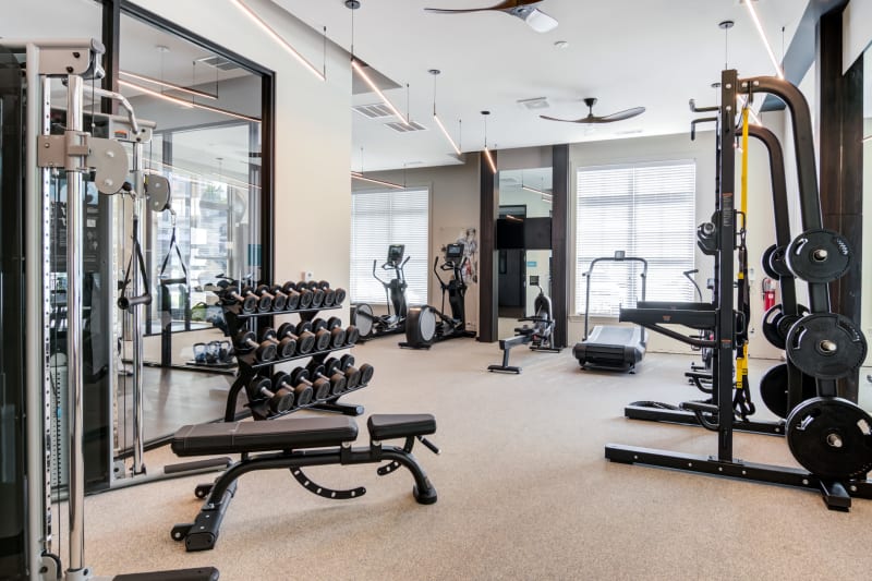 Well-equipped onsite fitness center at Boulders Lakeside in North Chesterfield, Virginia