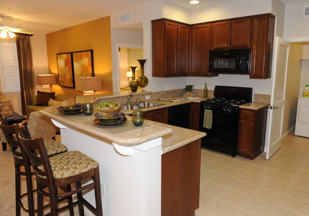 Modern kitchen with granite counter top at Cresta Bella in San Diego, California