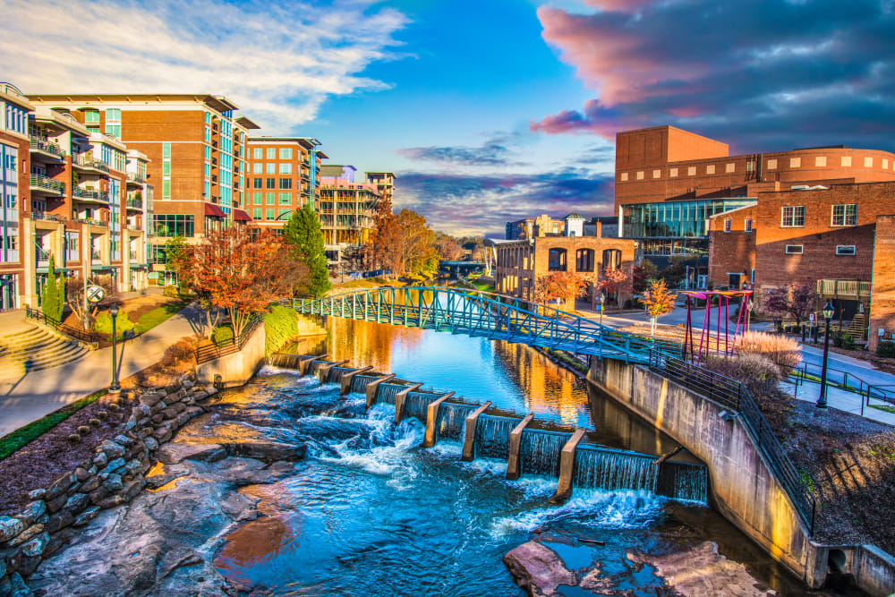 Aerial view of Greenville Falls Park near Lattitude34 Greenville in Greenville, South Carolina