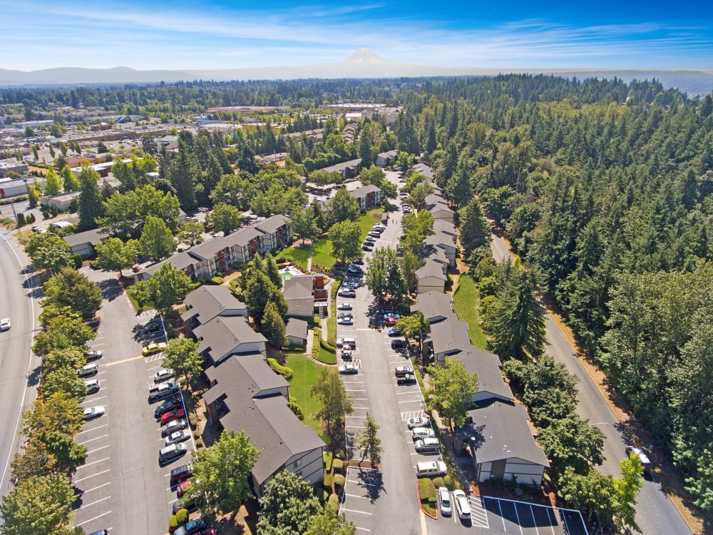 An overhead view of the buildings and skyline at Haven Apartment Homes in Kent, Washington