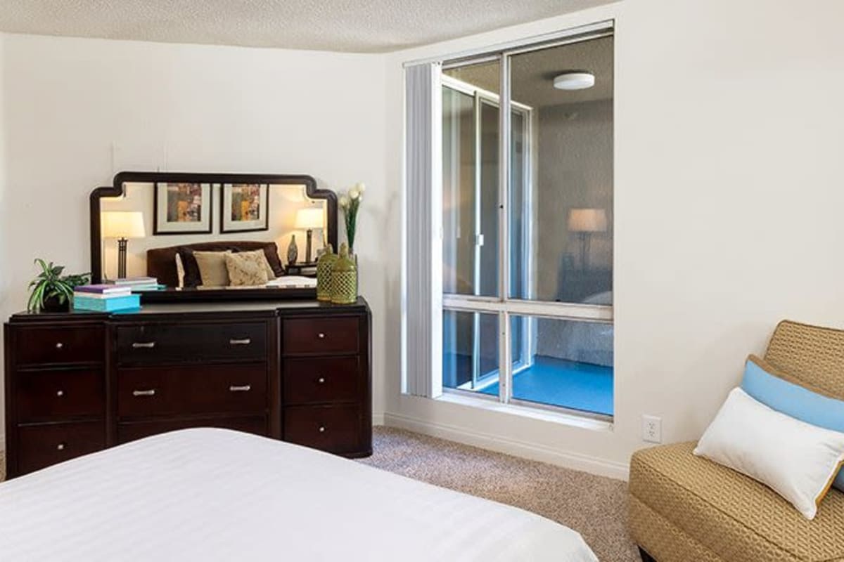 Model bedroom at The Ruby Hollywood, Los Angeles, California