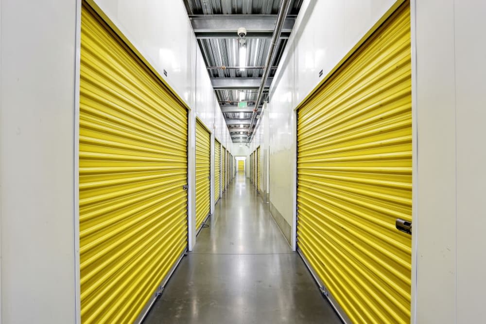 A row of indoor storage units at A-1 Self Storage in Bell Gardens, California