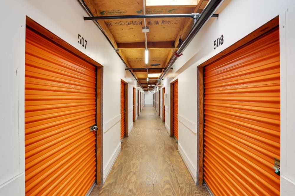 A row of indoor storage units at A-1 Self Storage in El Cajon, California