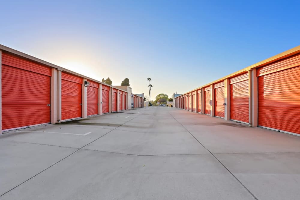 Rows of outdoor storage units at A-1 Self Storage in Huntington Beach, California