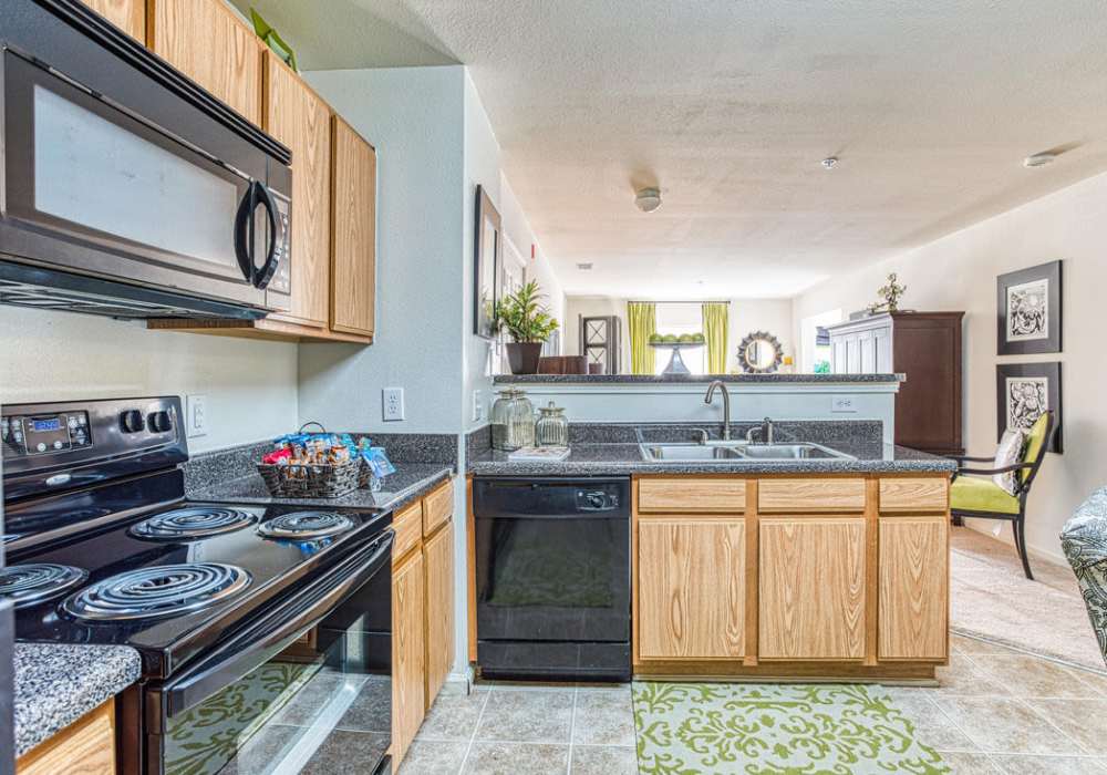 Fully equipped kitchen with granite countertops stainless steel appliances like a refrigerator, stove, and drawer microwave at Deer Meadow Village in Columbia, South Carolina 