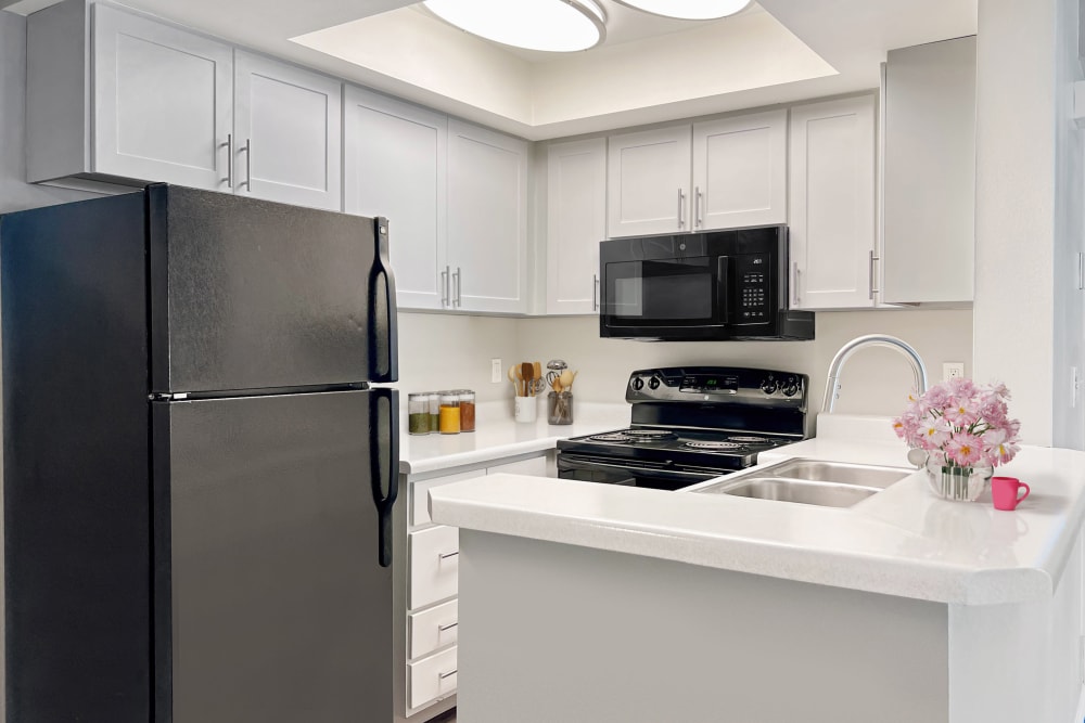 Kitchen with black appliances at Royal Farms Apartments in Salt Lake City, Utah