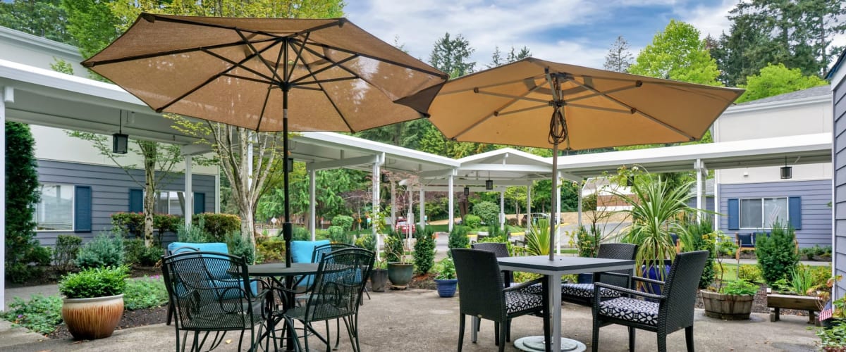 Outdoor umbrella seating at Mountlake Terrace Plaza in Mountlake Terrace, Washington