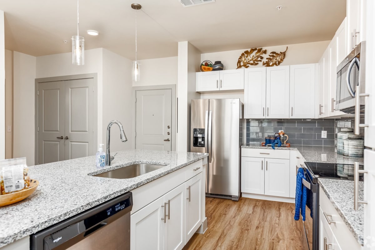 Stainless-steel appliances in an apartment at Grand At Cibolo in Cibolo, Texas