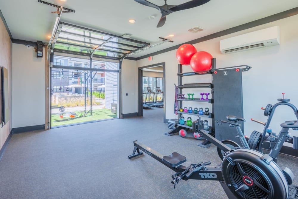 Luxury fitness center with equipment at Sonderly at The Concourse in Charlotte, North Carolina