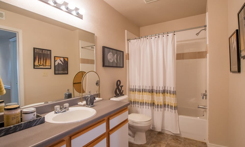 Spacious and clean model bathroom at Newport Wichita in Wichita, Kansas