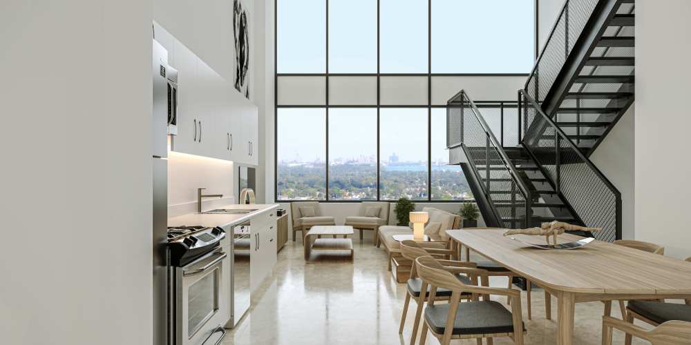 Open kitchen and living room at The Bank Tower in Southgate, Michigan