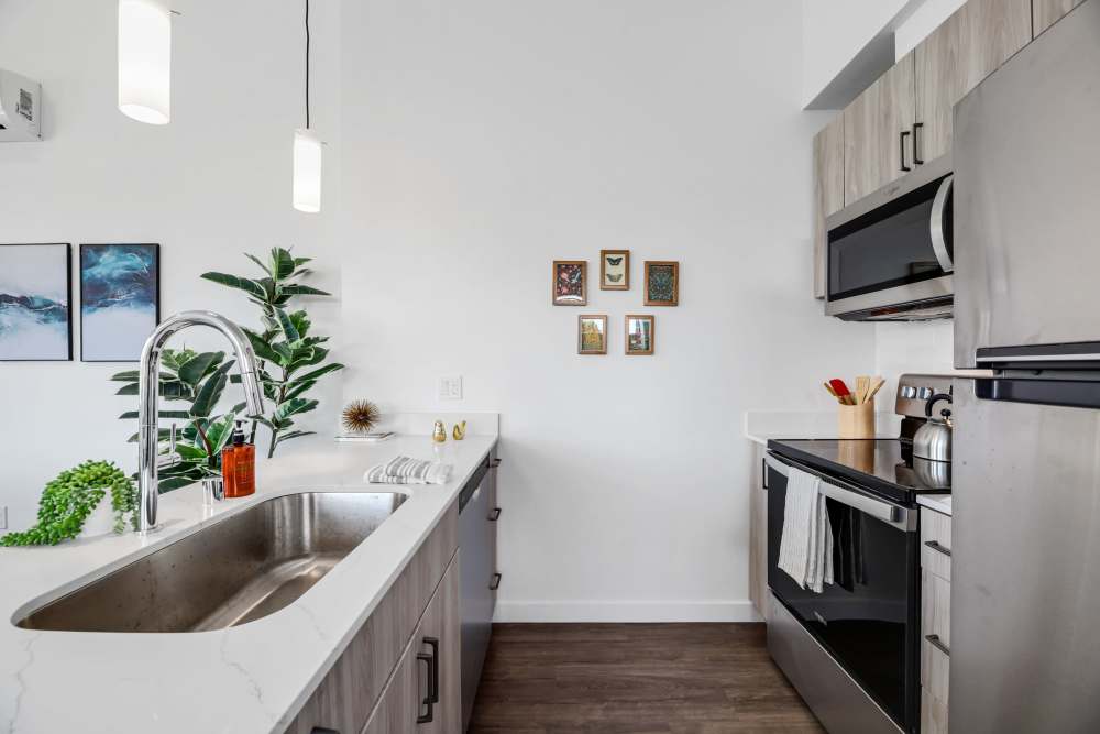 A kitchen with stainless-steel appliances at Allegro in Lynnwood, Washington 