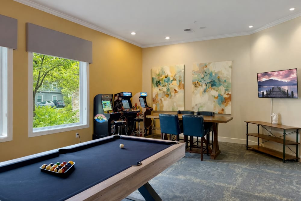 Resident clubhouse with billiards at Hawthorn Village Apartments in Napa, California