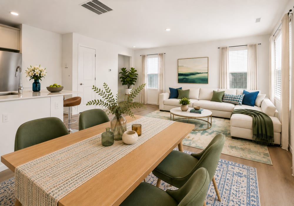 Spacious dining room that opens to the living room at Brixin Sonora in Fort Wayne, Indiana