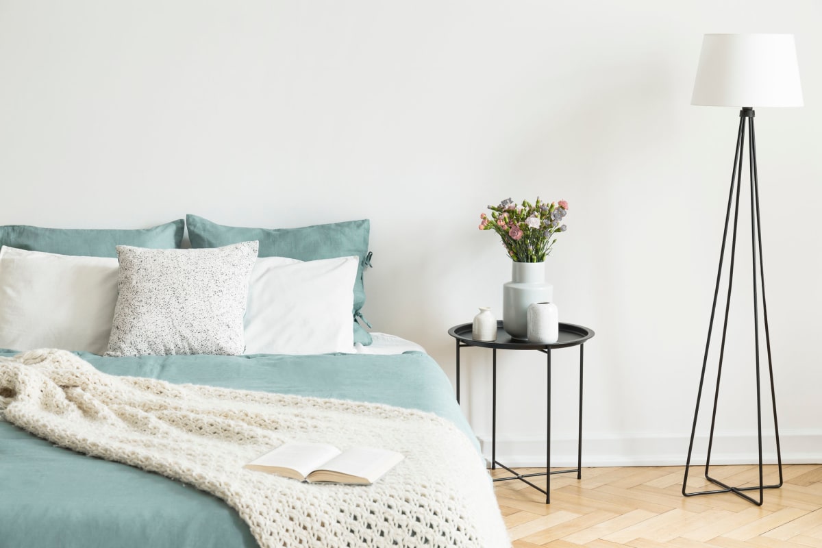 A stylish bedroom in an apartment at Kaitlin Court, Los Angeles, California