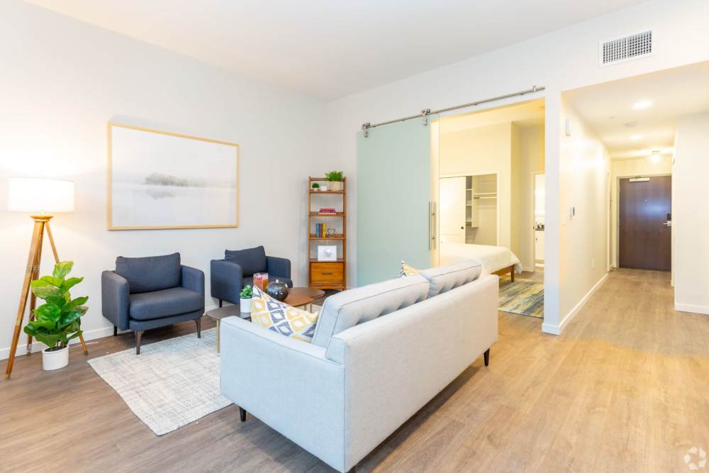 Close-up of living room apartment at Studio Park Lofts & Tower in Grand Rapids, Michigan