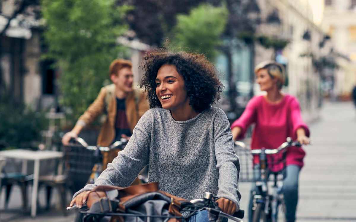 Resident riding bikes near Stone Lake in Indianapolis, Indiana