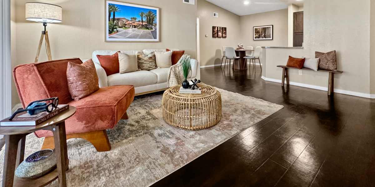 Modern living room at Tuscany Village Apartments in Ontario, California