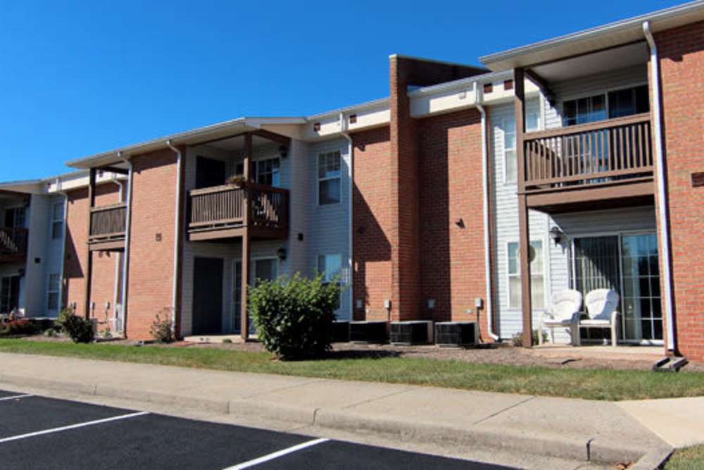 Exterior view of the community with parking area at Lincoln on the Park in Emmitsburg, Maryland