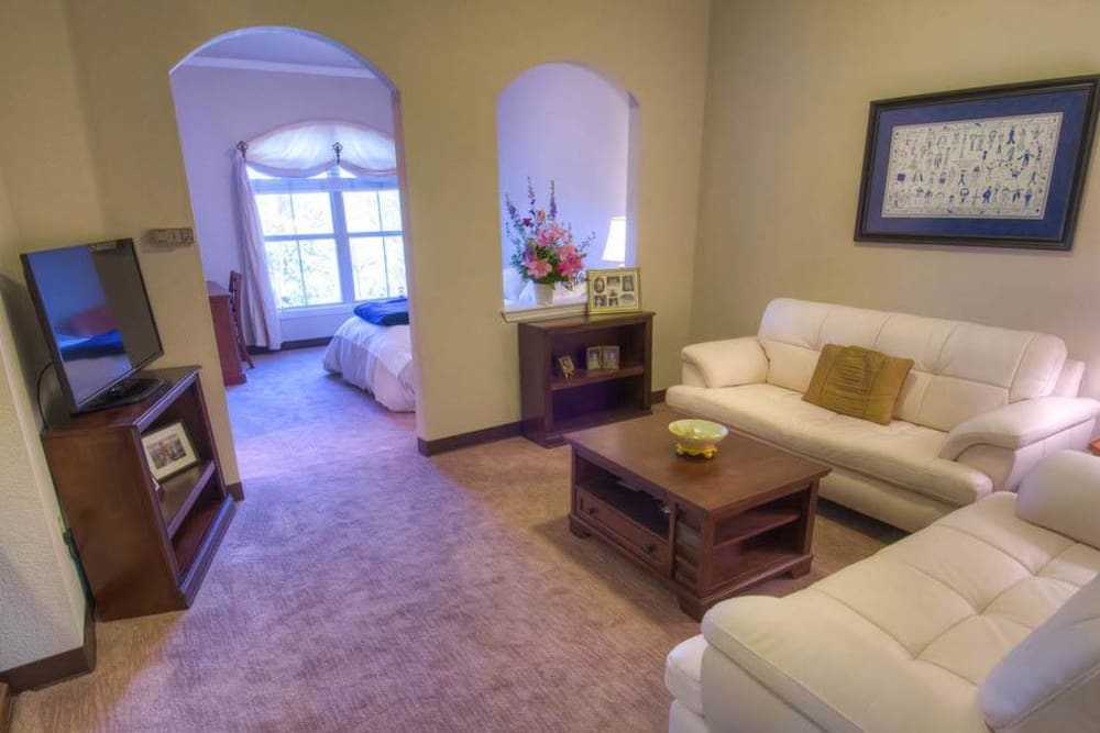 Comfortable living room in senior living apartment at Mansion at Waterford Assisted Living in Oklahoma City, Oklahoma