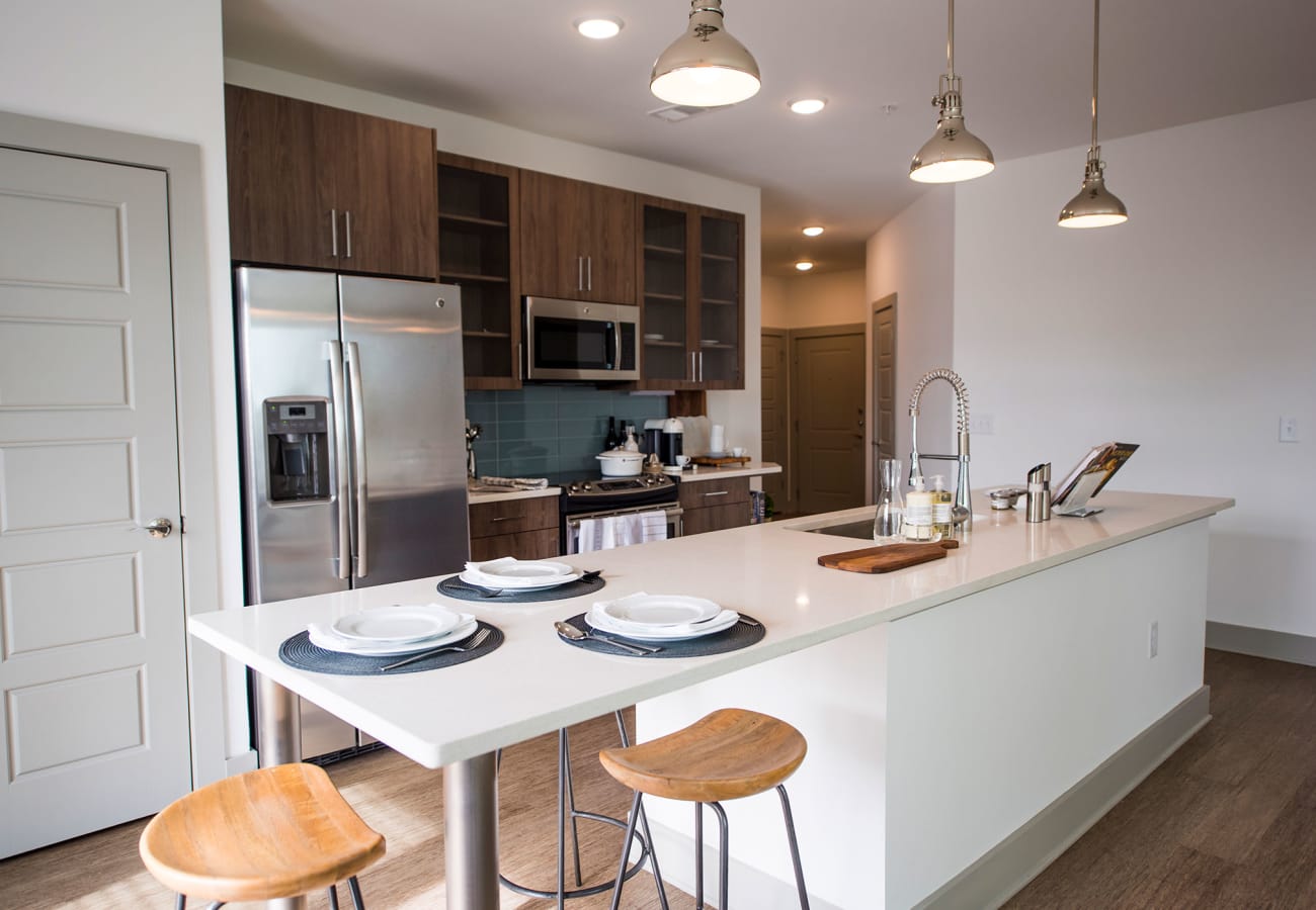 Modern kitchen with stainless-steel appliances at Veranda at Avalon in Alpharetta, Georgia