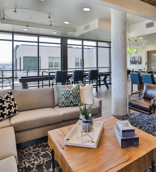 Bright and welcoming leasing area in the lobby at The Alcott in Denver, Colorado