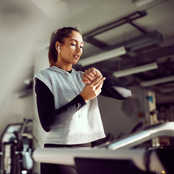 A resident works out in the fitness center at Palmer's Creek, Fredericksburg, Virginia