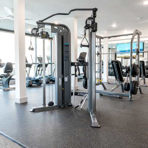 Weight lifting equipment in the fitness center at Terrazzo in Durham, North Carolina