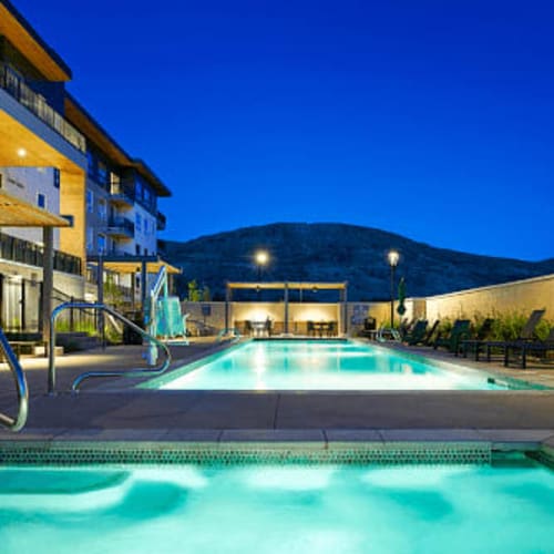 Swimming pool at dusk at Epoque in Golden, Colorado
